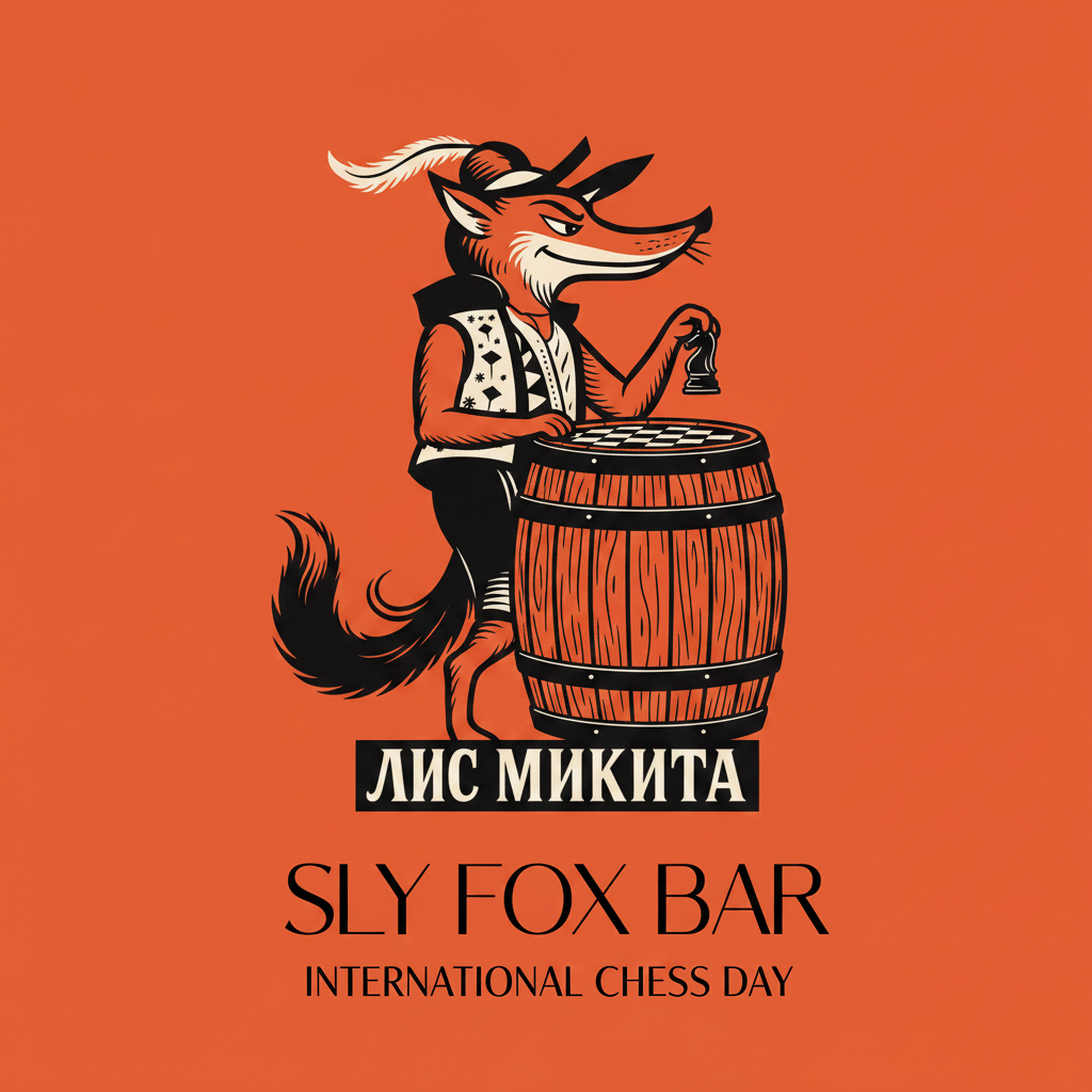 Fox raising a knight over a chessboard on a barrel