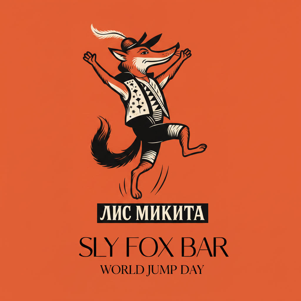 Fox leaping with joy, hat flying off