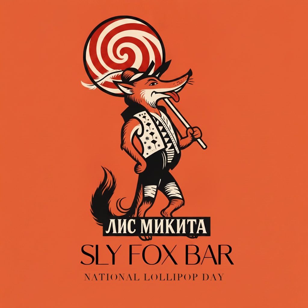 Fox with a giant swirl lollipop over his shoulder