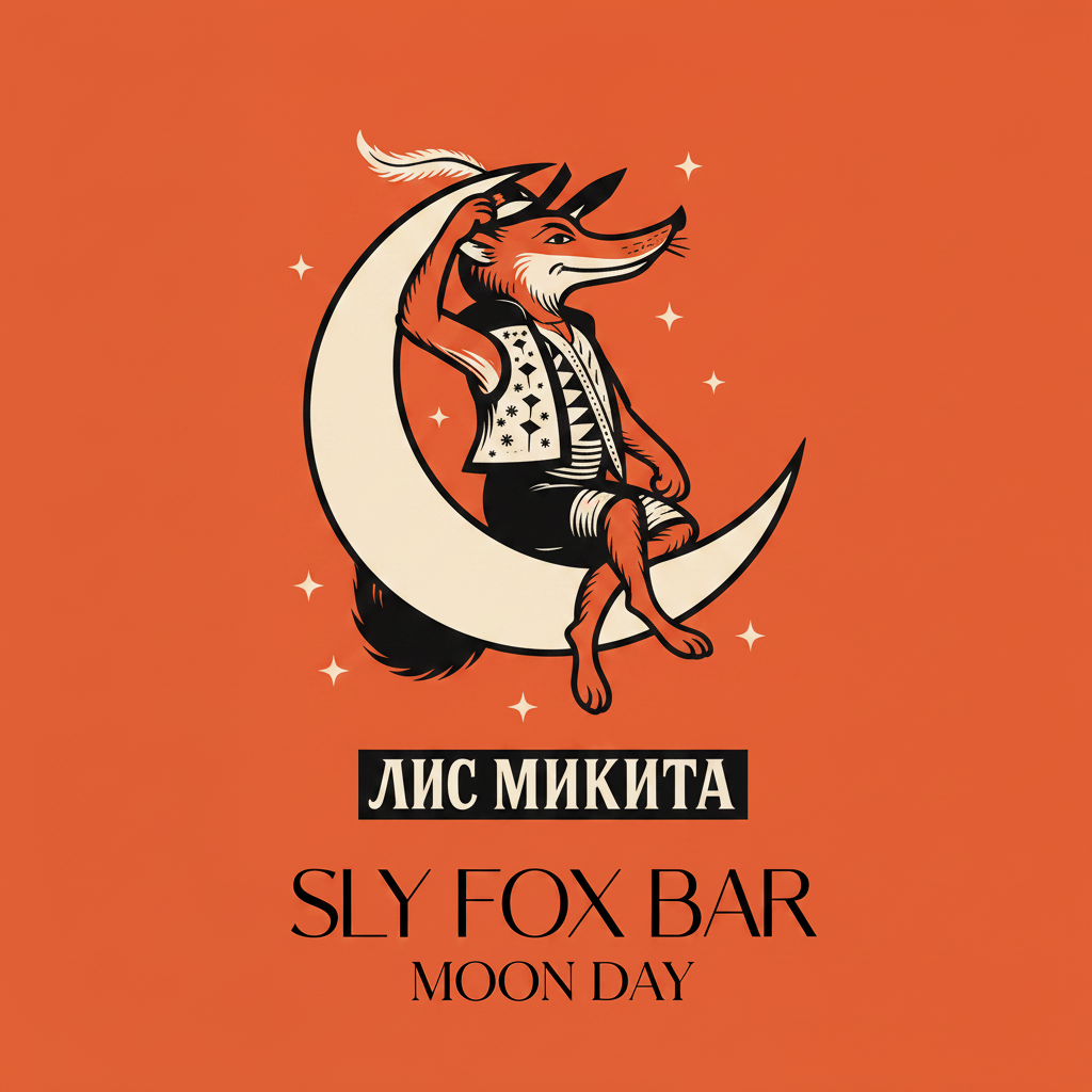 Fox perched on a crescent moon tipping his hat
