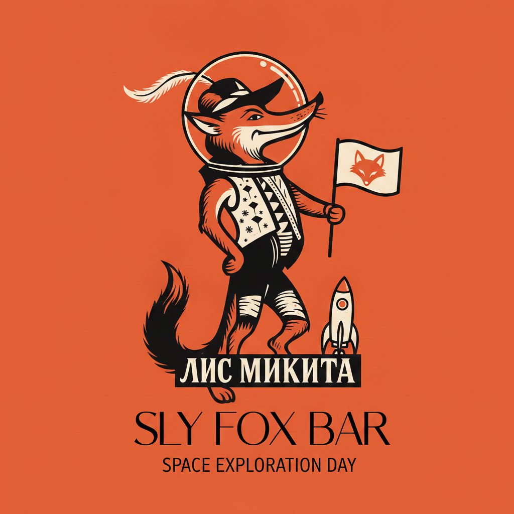 Fox in a glass space helmet planting a fox flag