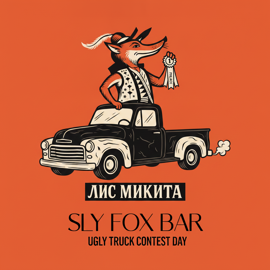 Fox posing in a battered pickup with a first-place ribbon