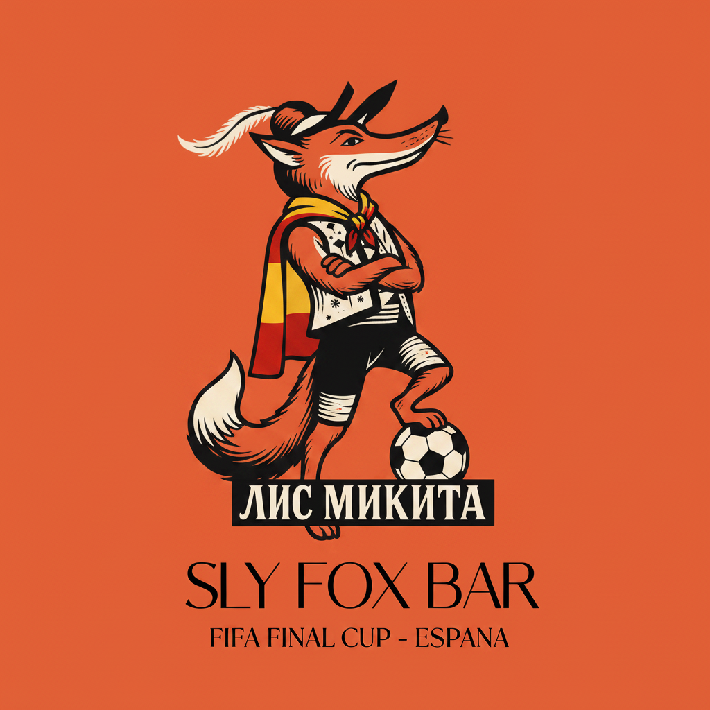 Fox with Spain flag cape, foot on ball